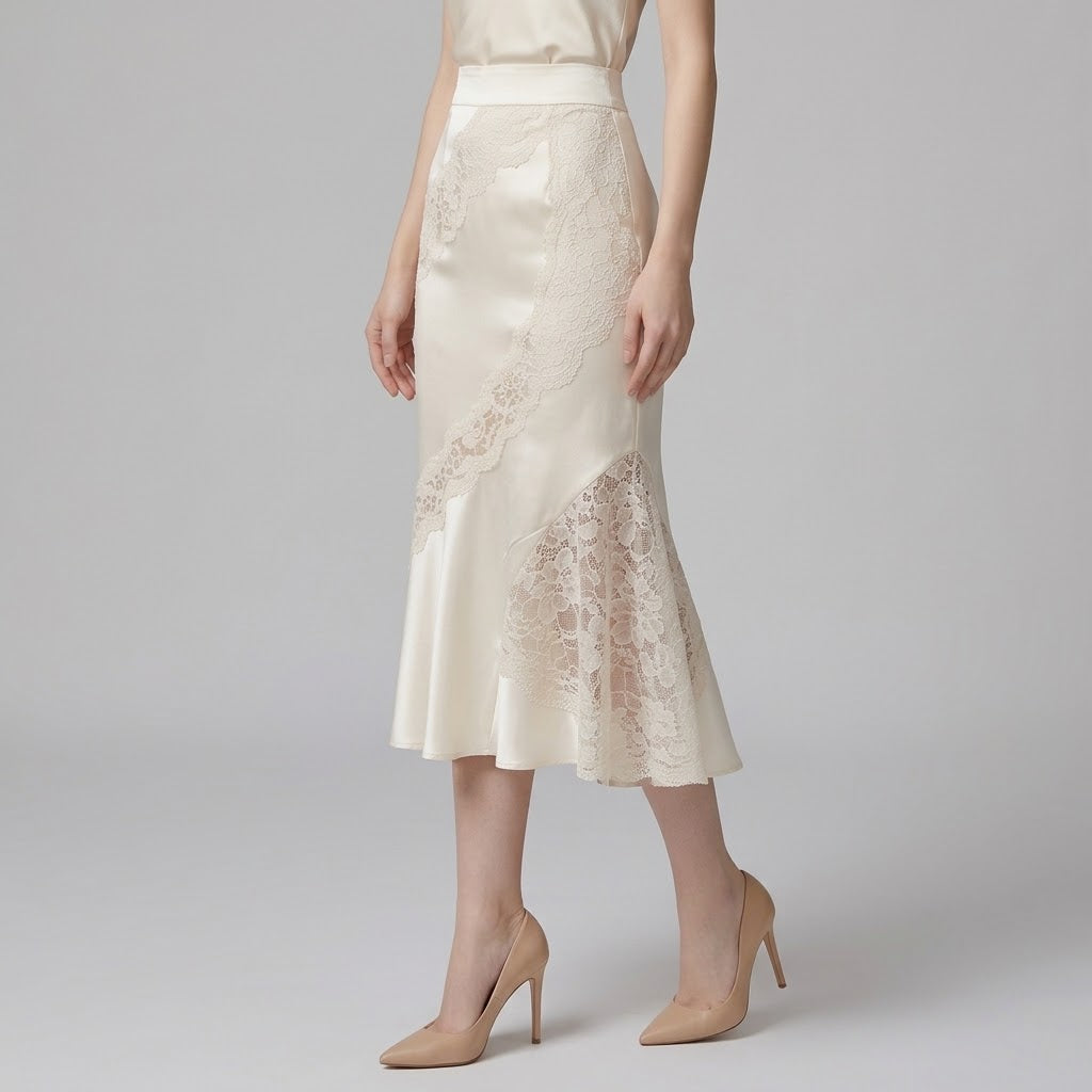 Lace-Paneled High-Waist Midi Skirt