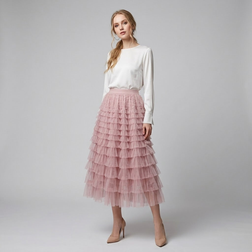 Tiered Tulle High-Waist Midi Skirt