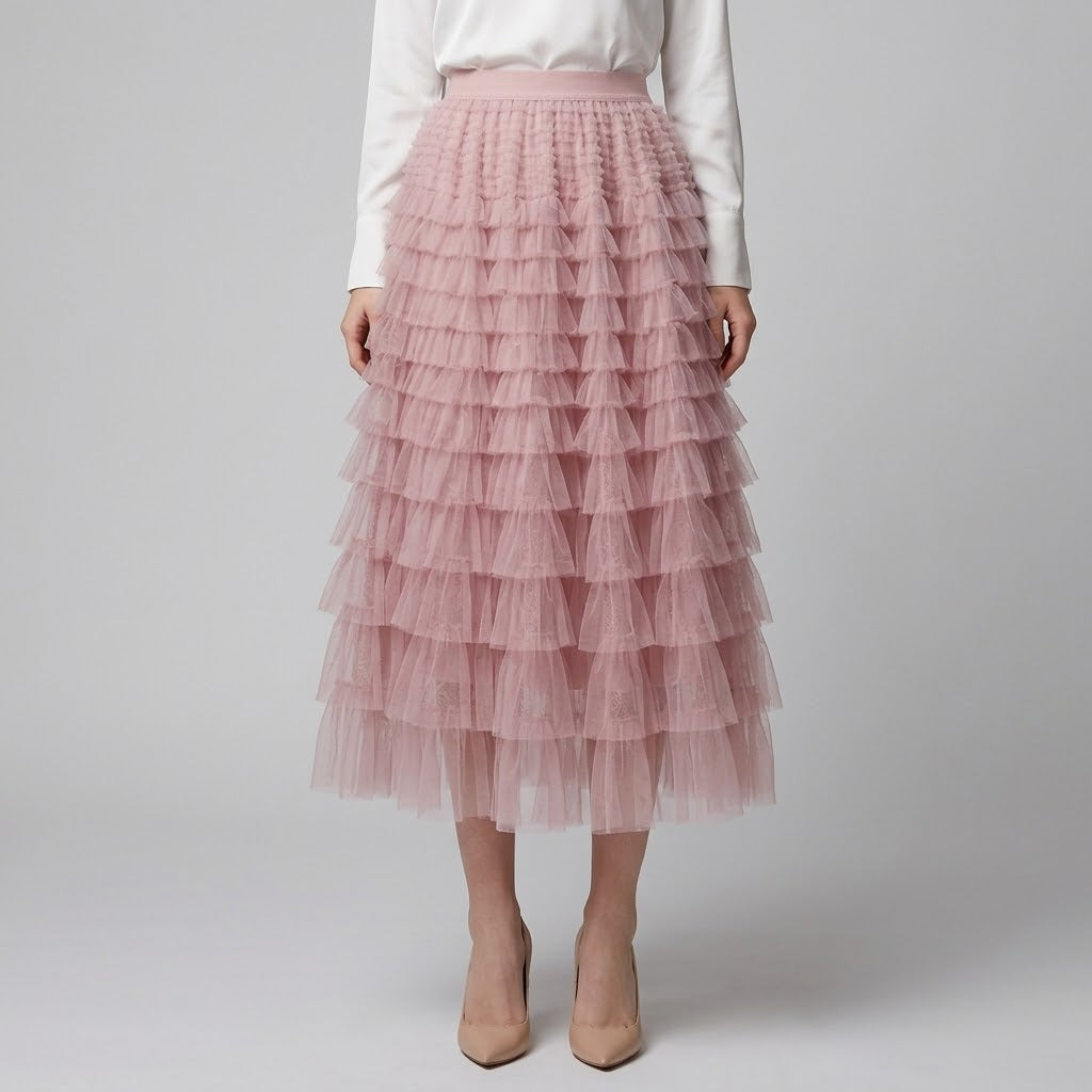 Tiered Tulle High-Waist Midi Skirt