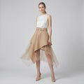 Asymmetrical Mesh-Spliced High-Waist Column Skirt