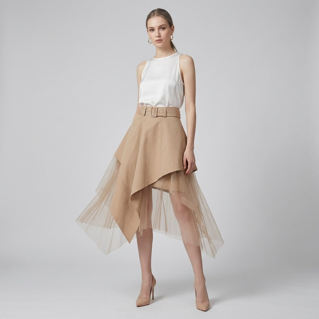Asymmetrical Mesh-Spliced High-Waist Column Skirt