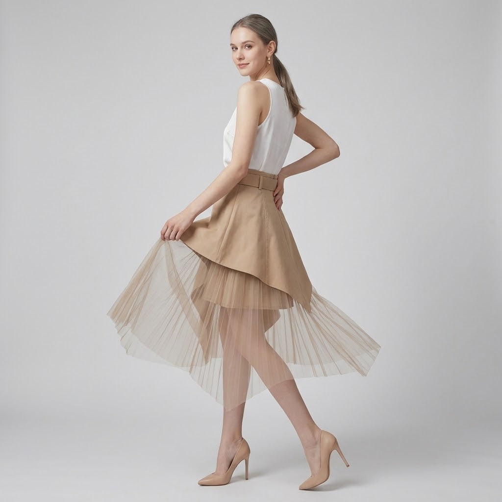 Asymmetrical Mesh-Spliced High-Waist Column Skirt