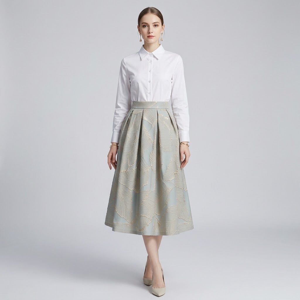 3D Floral Embroidered Jacquard Pleated Midi Skirt with Button Accents