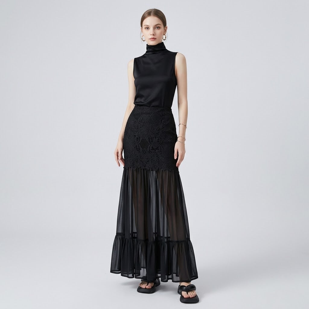 Lace & Tulle Spliced High-Waist Straight Maxi Skirt