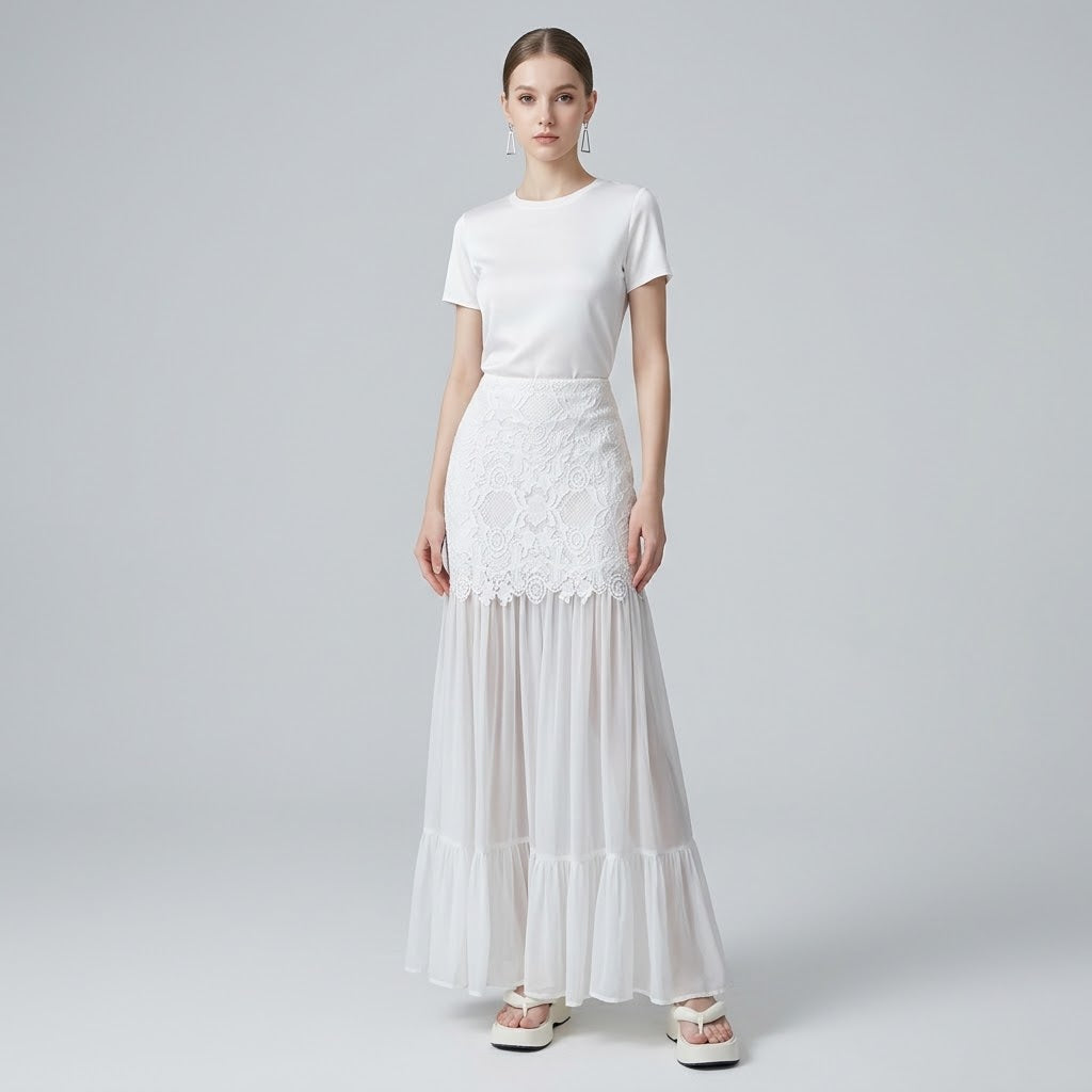 Lace & Tulle Spliced High-Waist Straight Maxi Skirt