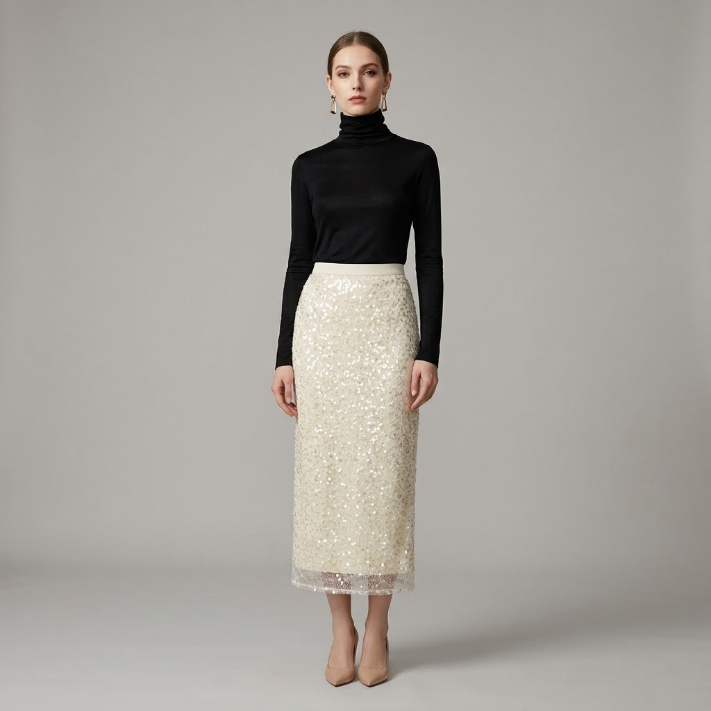 Embellished Sequin Column Midi Skirt