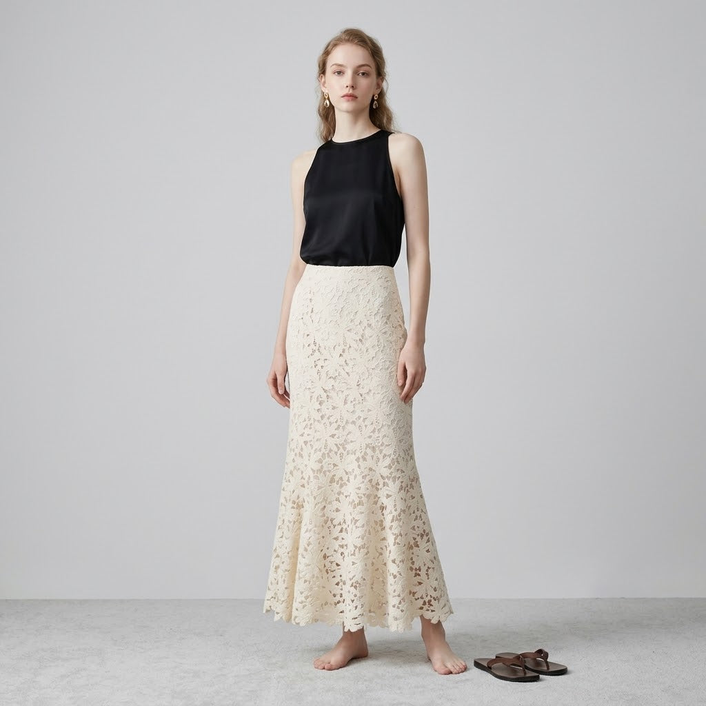 High-Waist Drapey Lace Mermaid Maxi Skirt