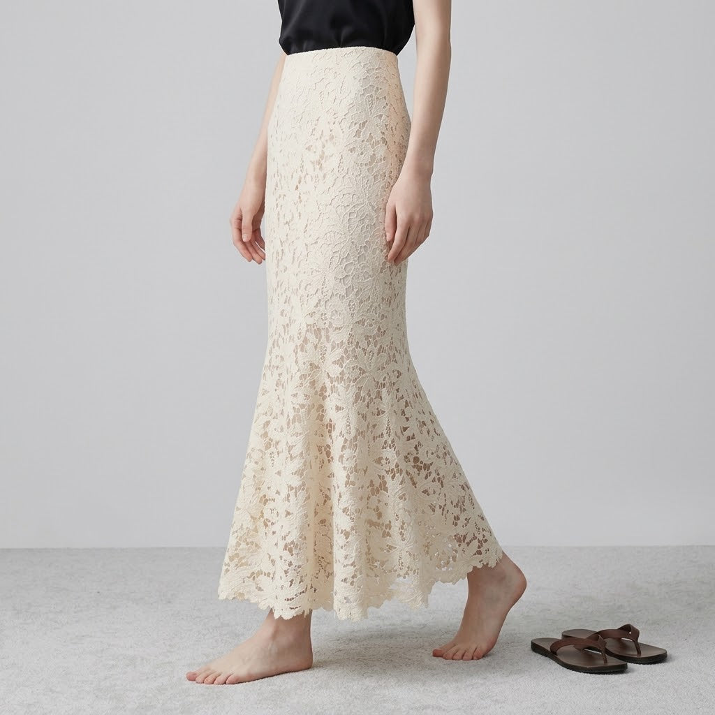 High-Waist Drapey Lace Mermaid Maxi Skirt