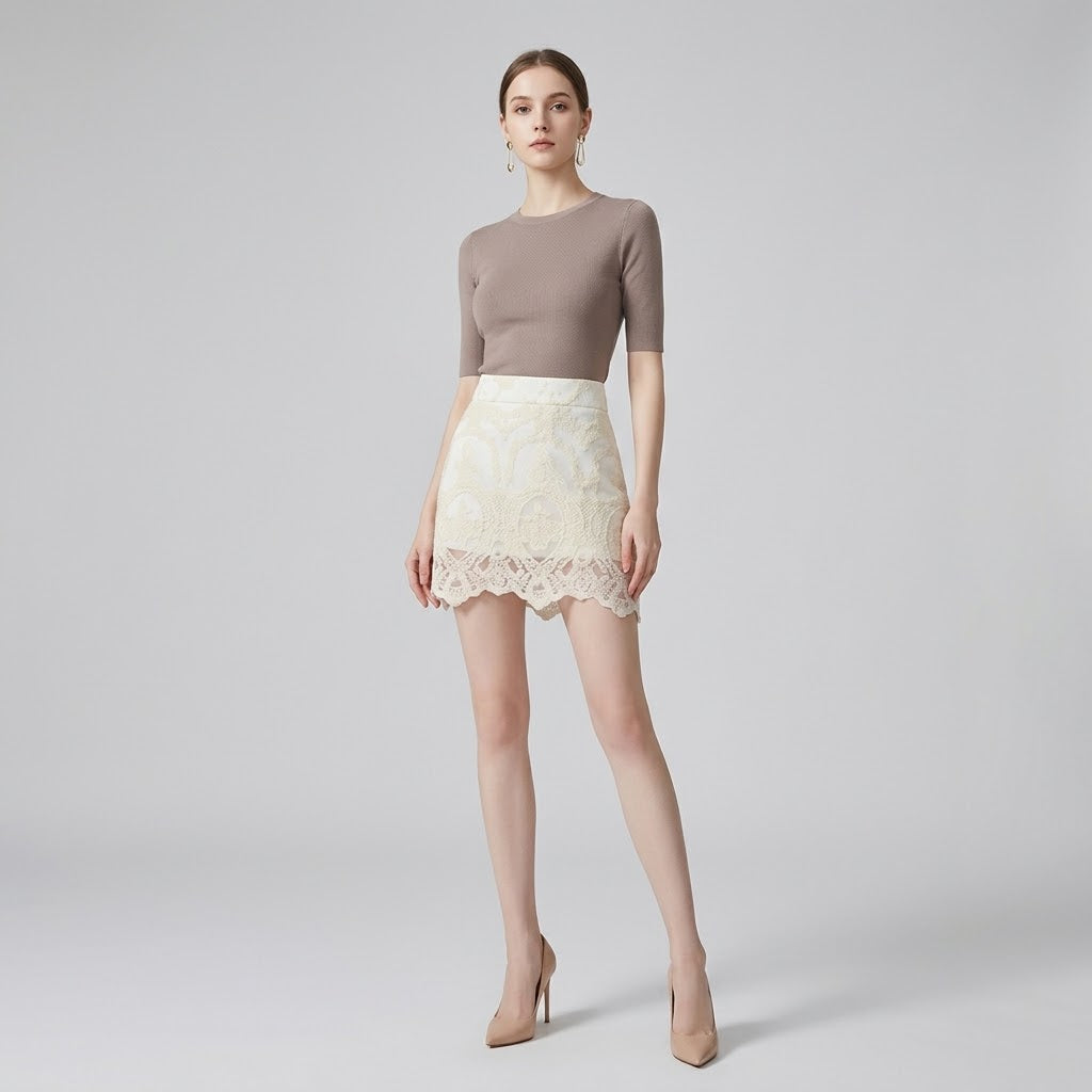 High-Waist Floral Embroidered Lace Mini Skirt