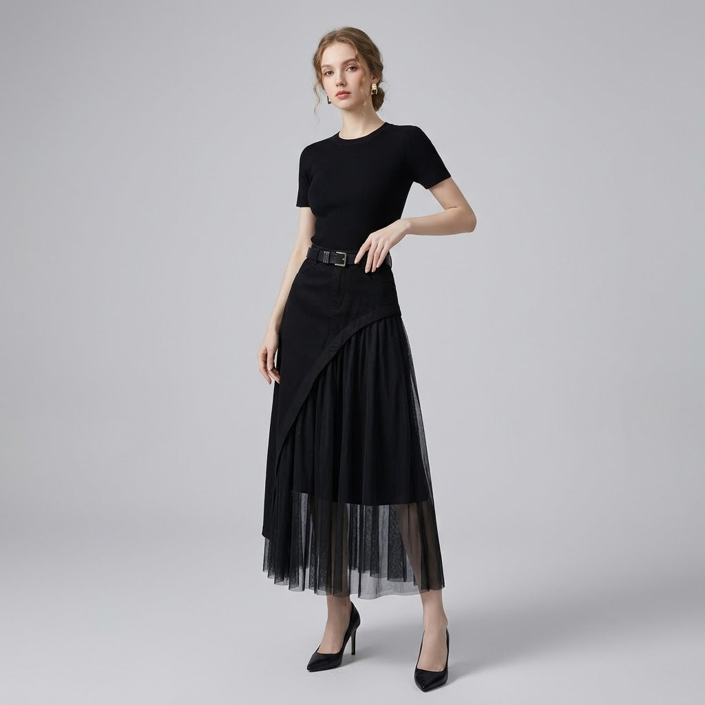 High-Waist Pleated Tulle-Spliced Full-Sweep Maxi Skirt with Pockets
