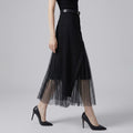 High-Waist Pleated Tulle-Spliced Full-Sweep Maxi Skirt with Pockets