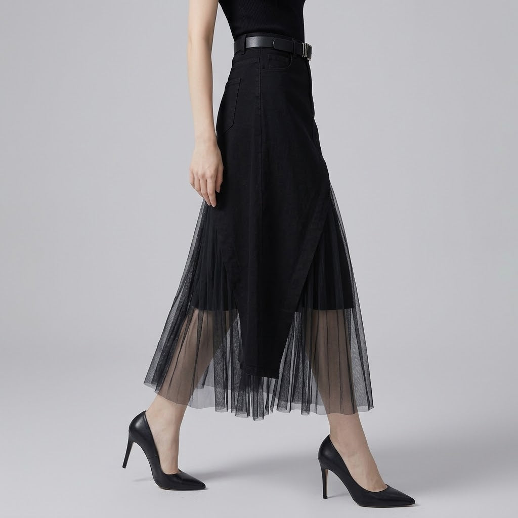 High-Waist Pleated Tulle-Spliced Full-Sweep Maxi Skirt with Pockets