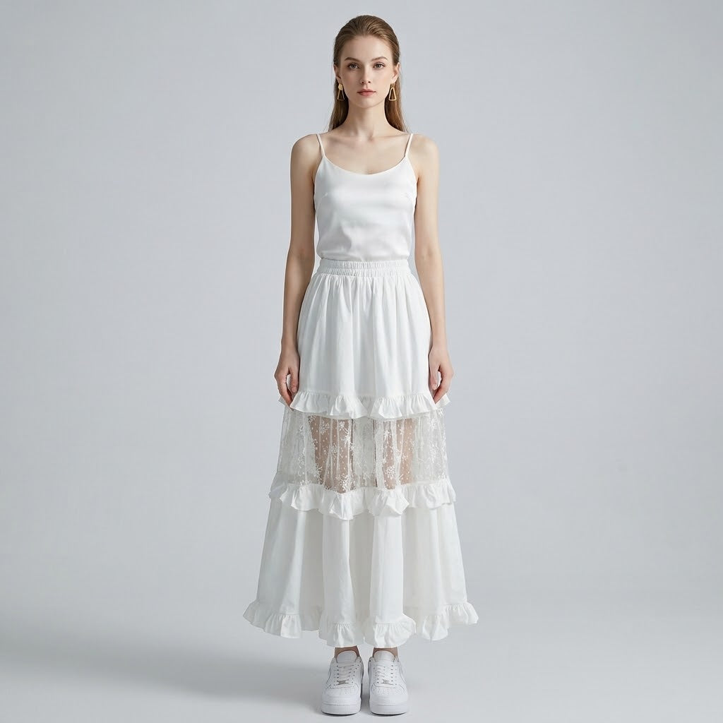 Tailored High-Rise Scalloped Lace Flared Commuter Skirt