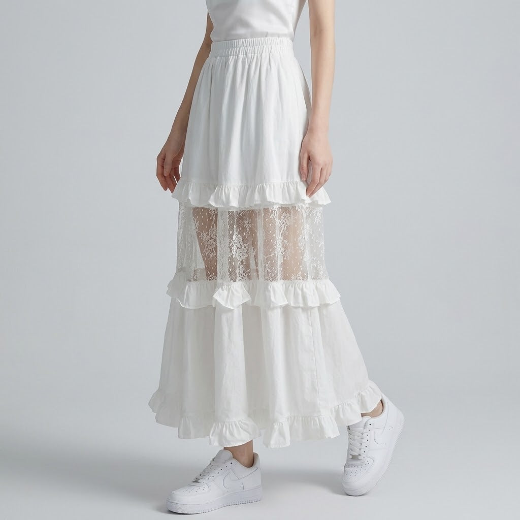Tailored High-Rise Scalloped Lace Flared Commuter Skirt