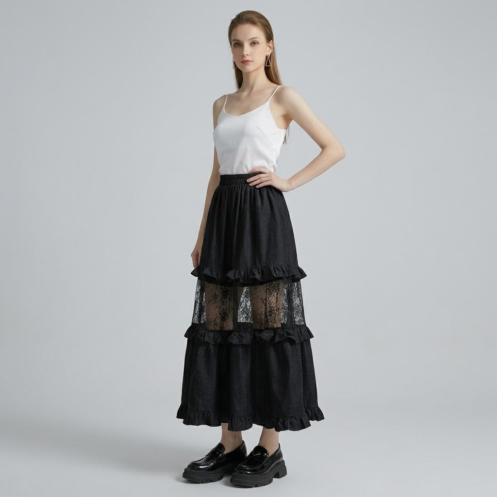 Tailored High-Rise Scalloped Lace Flared Commuter Skirt