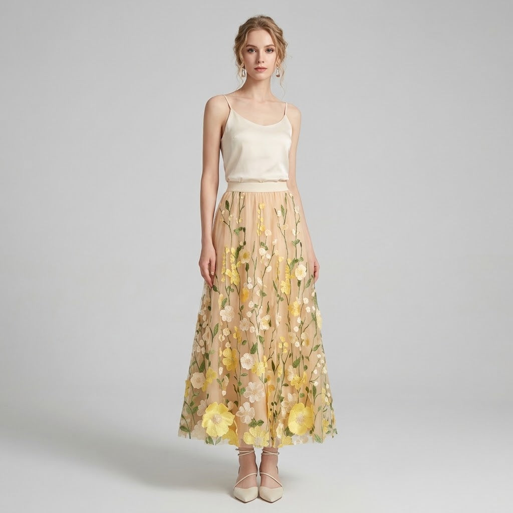 High-Waist 3D Floral Embroidered Tulle Maxi Skirt