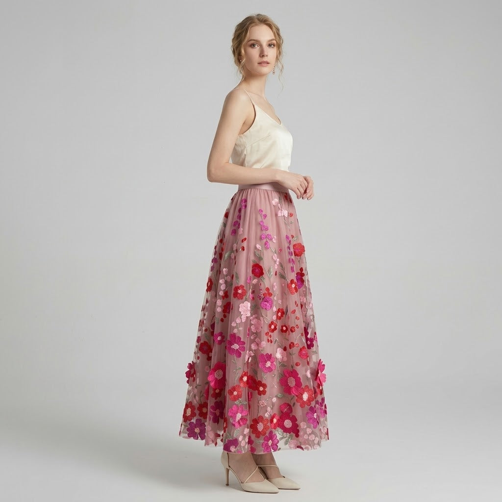 High-Waist 3D Floral Embroidered Tulle Maxi Skirt