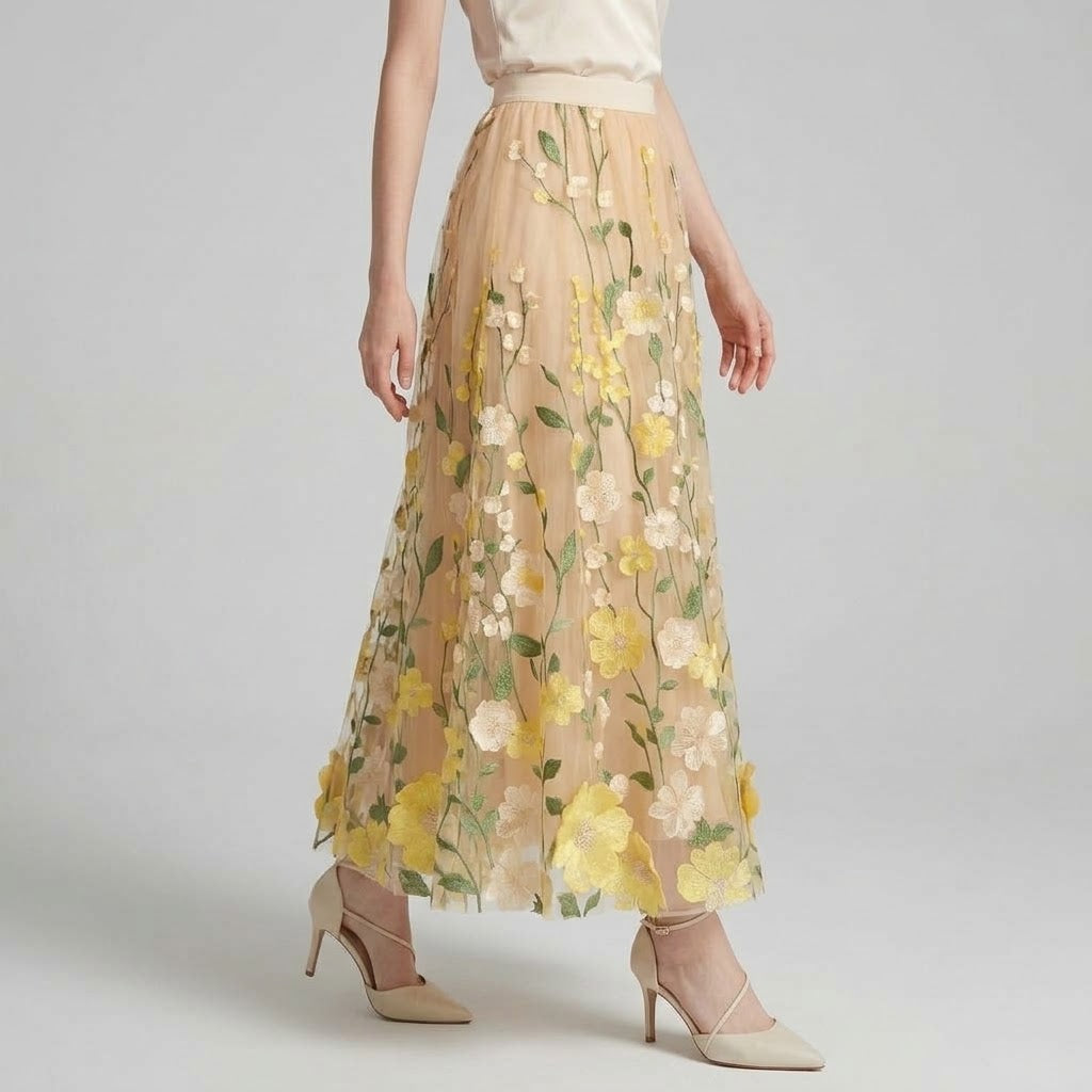 High-Waist 3D Floral Embroidered Tulle Maxi Skirt