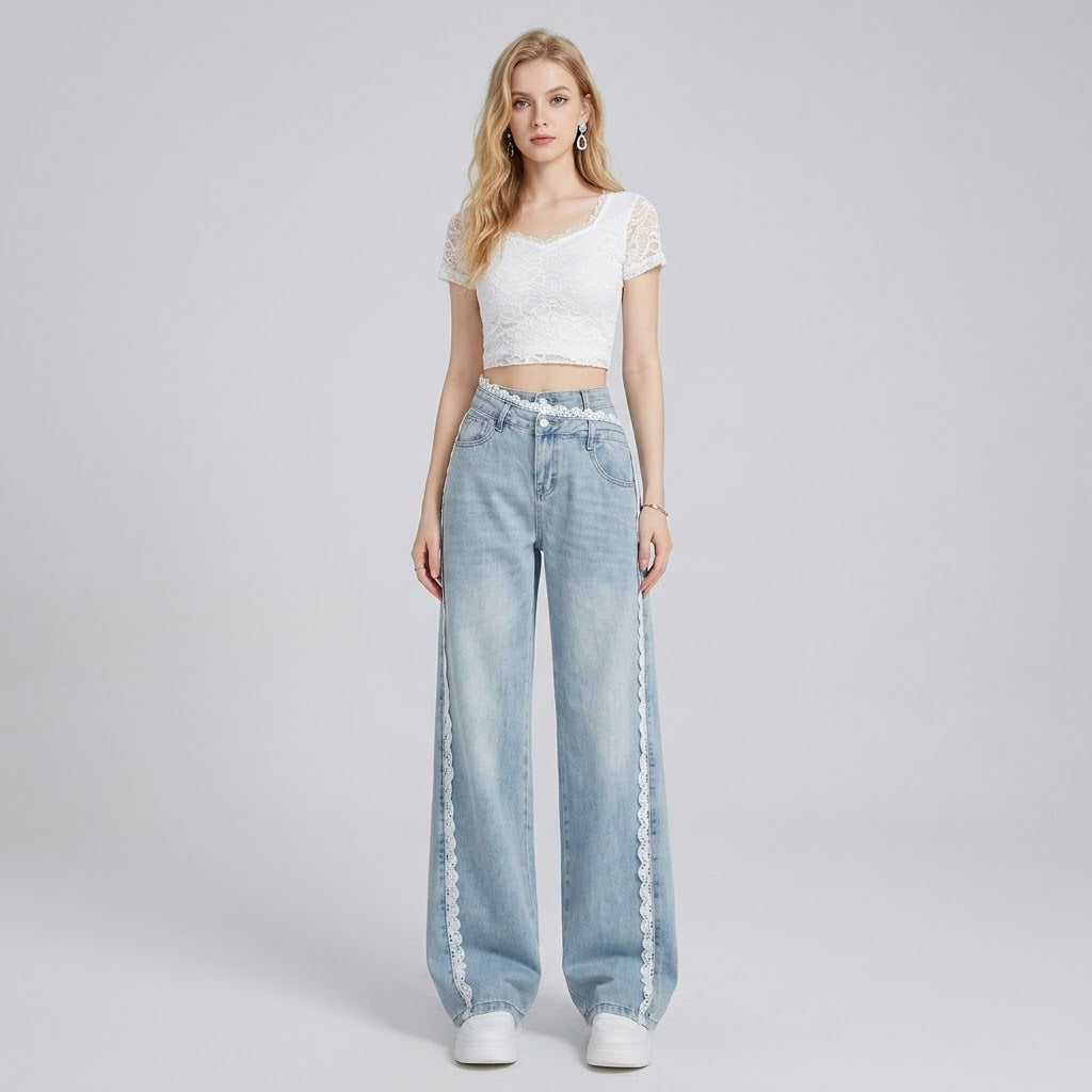 Minimalist High-Waist Lace-Spliced Wide-Leg Jeans