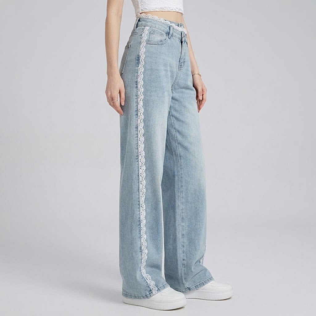 Minimalist High-Waist Lace-Spliced Wide-Leg Jeans