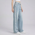 Minimalist High-Waist Lace-Spliced Wide-Leg Jeans