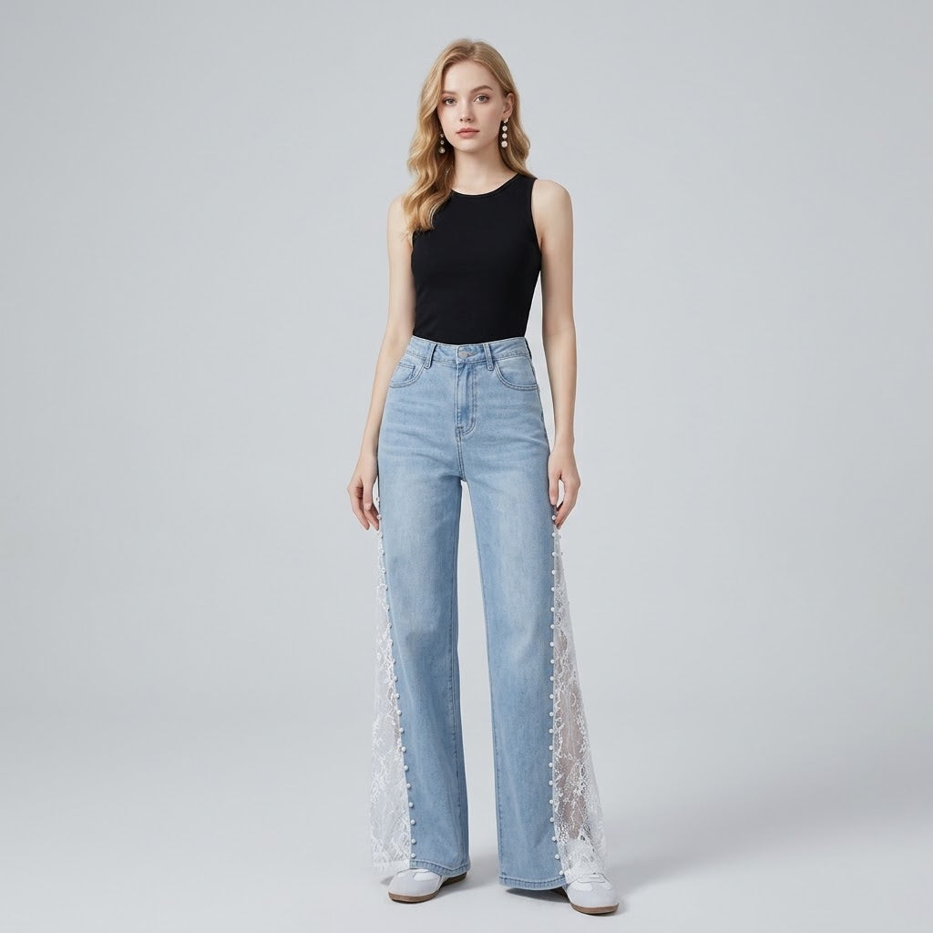 Pearl-Embellished Lace-Trim Lyocell Wide-Leg Flared Jeans