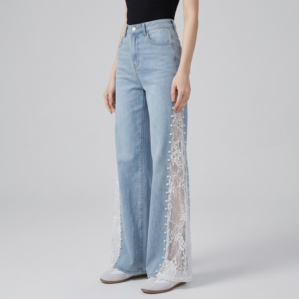 Pearl-Embellished Lace-Trim Lyocell Wide-Leg Flared Jeans