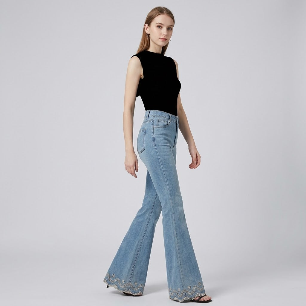 High-Waist Embroidered Flare Jeans with Comfort Stretch