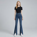 High-Waist Pearl-Beaded Split-Hem Flare Jeans