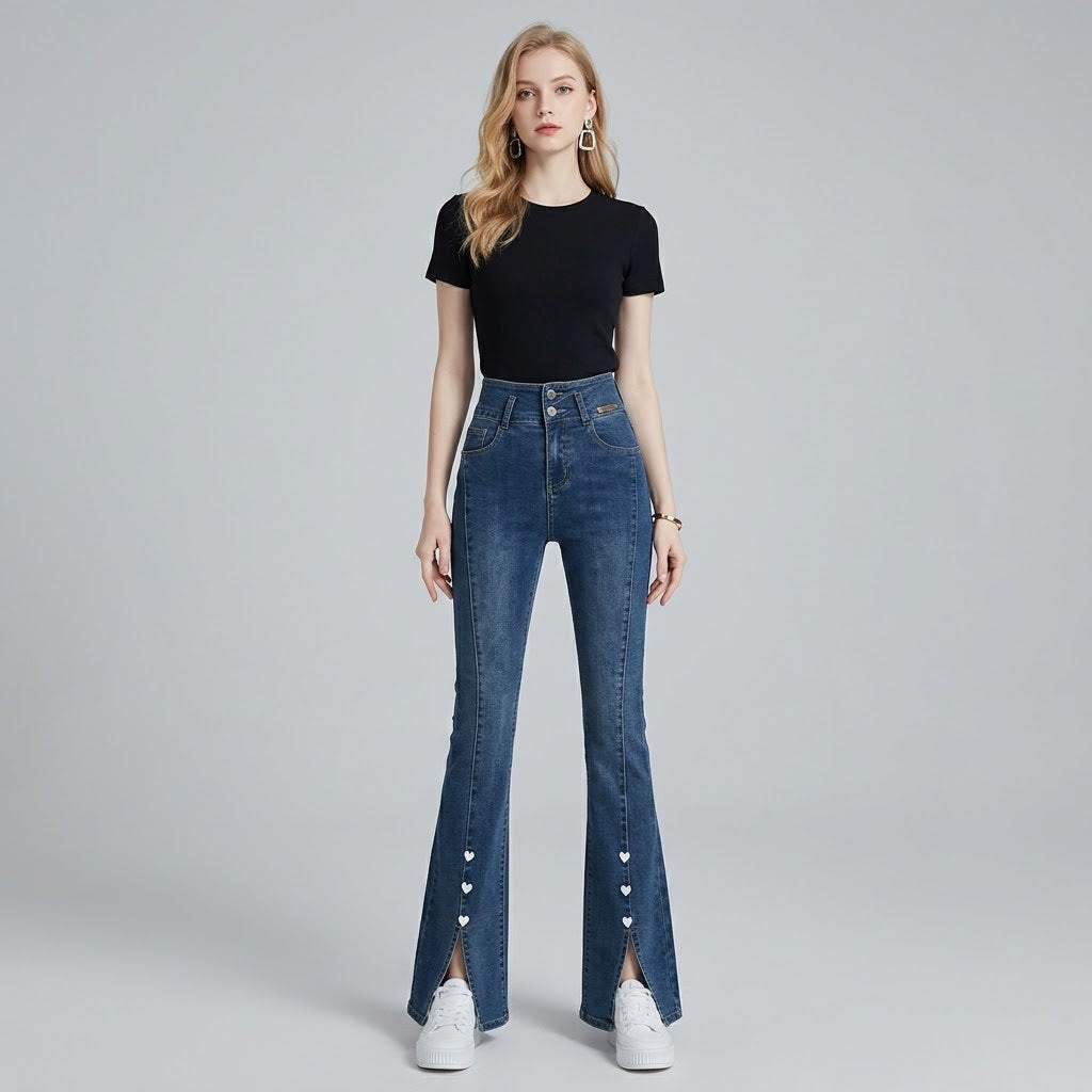 High-Waist Pearl-Beaded Split-Hem Flare Jeans