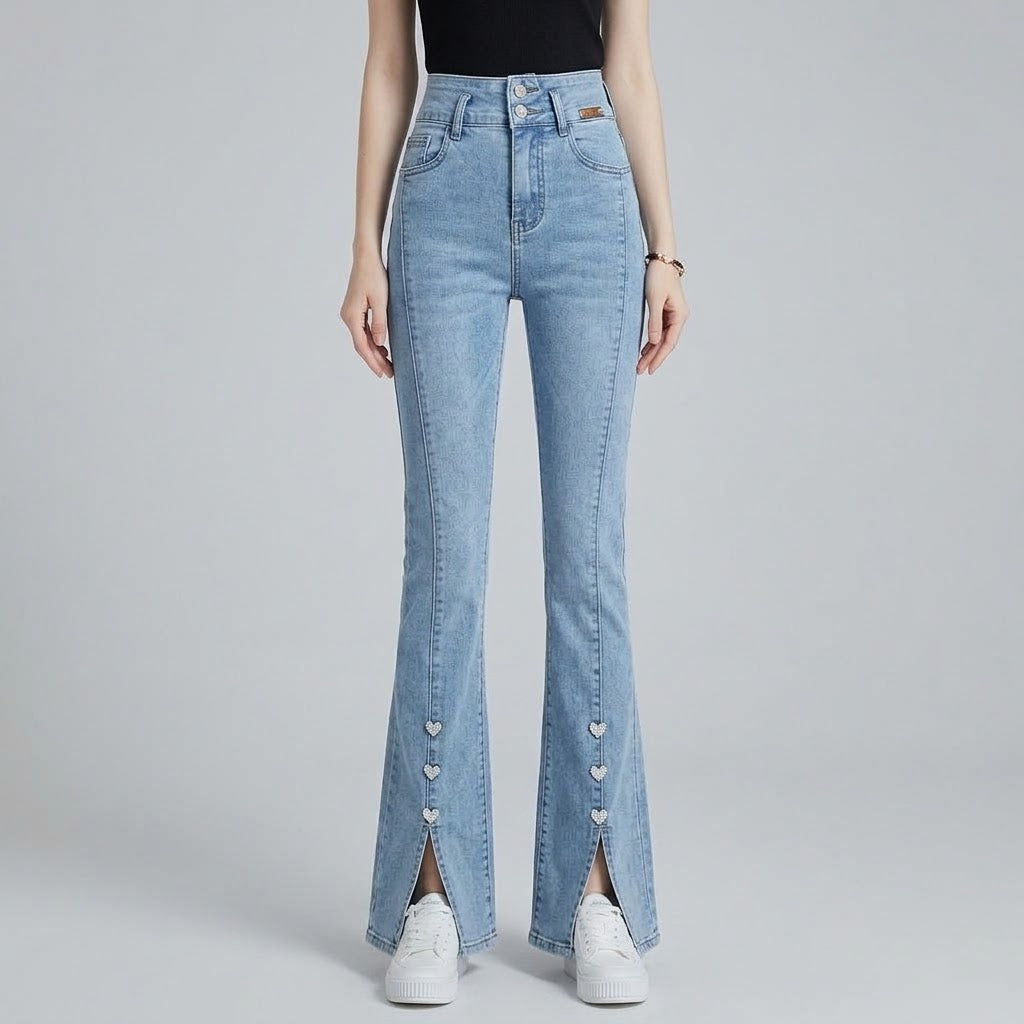 High-Waist Pearl-Beaded Split-Hem Flare Jeans