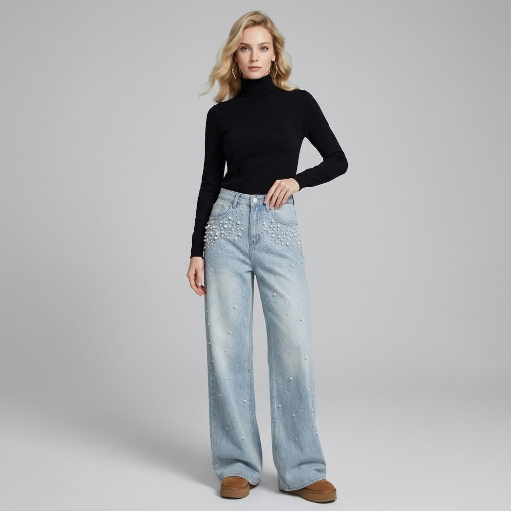 High-Waist Rhinestone-Embellished Wide-Leg Straight Jeans