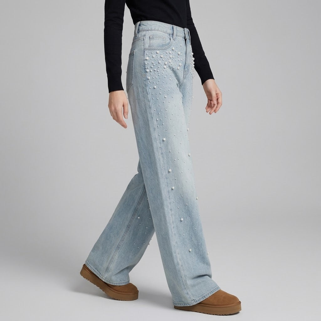 High-Waist Rhinestone-Embellished Wide-Leg Straight Jeans