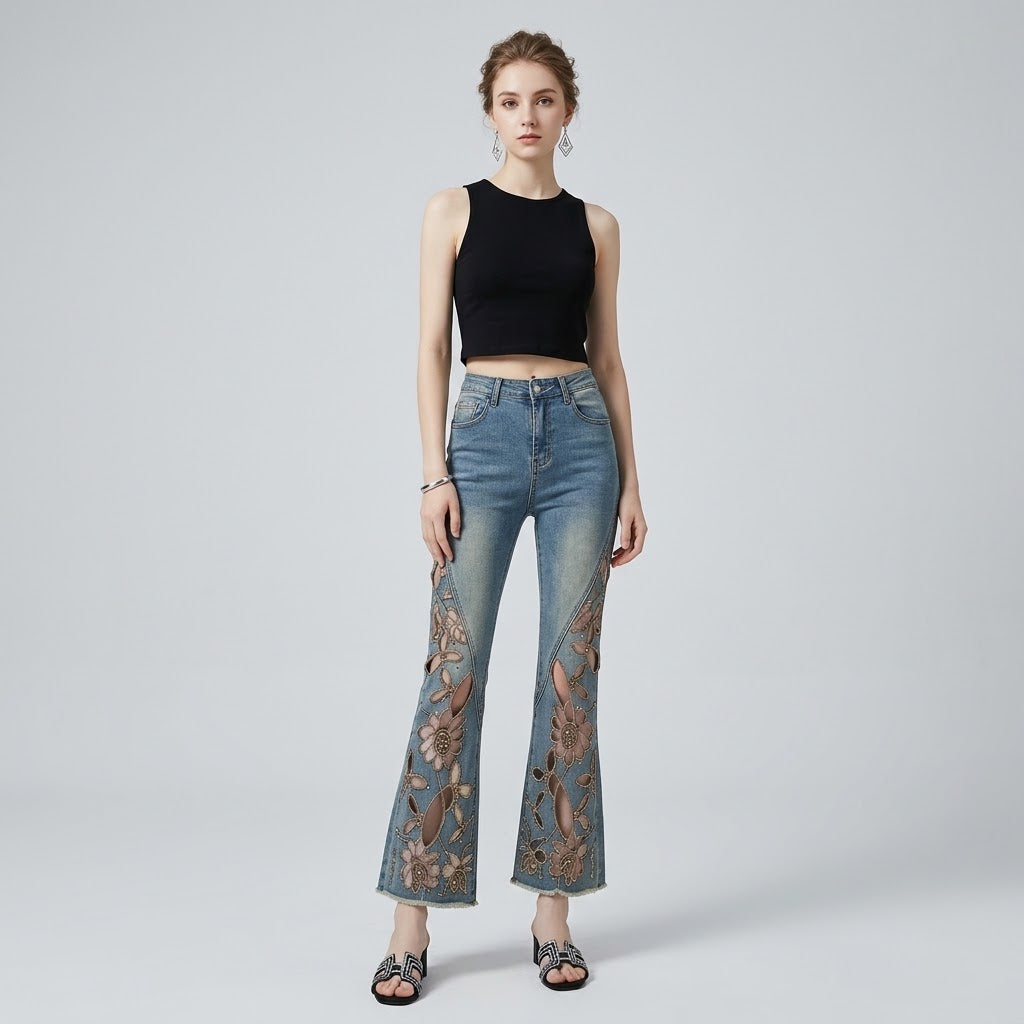 High-Waist Openwork Embroidered Rhinestone Cropped Flare Jeans