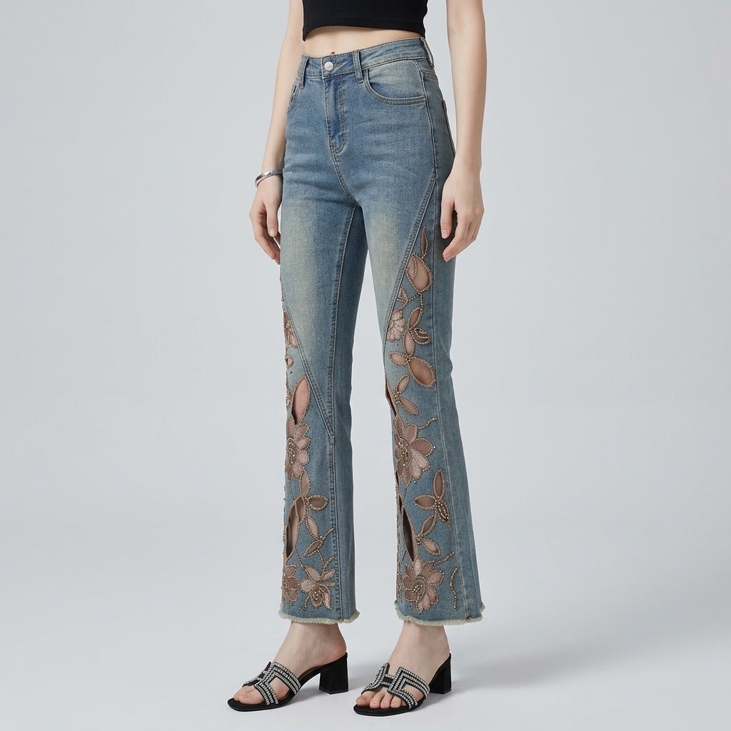 High-Waist Openwork Embroidered Rhinestone Cropped Flare Jeans