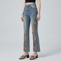 High-Waist Openwork Embroidered Rhinestone Cropped Flare Jeans