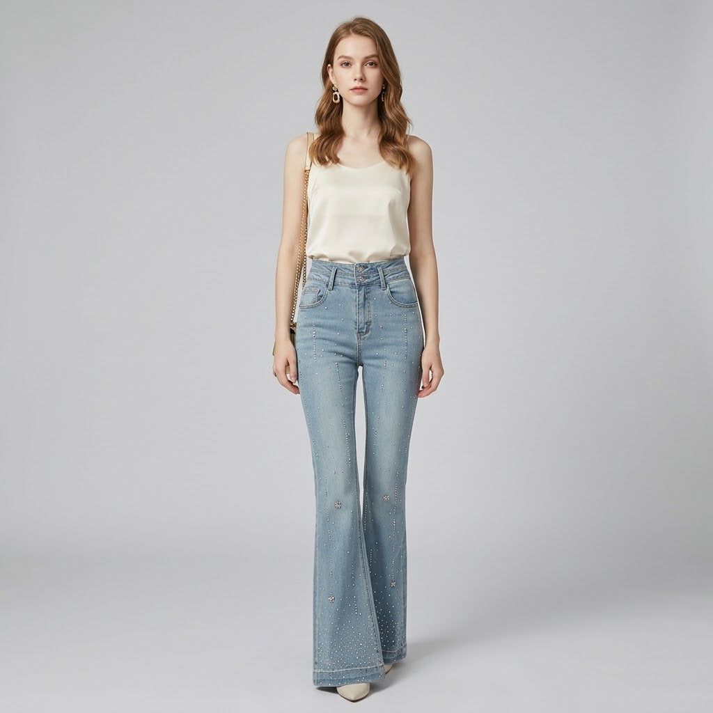 High-Waist Rhinestone-Embellished Slim Flare Jeans