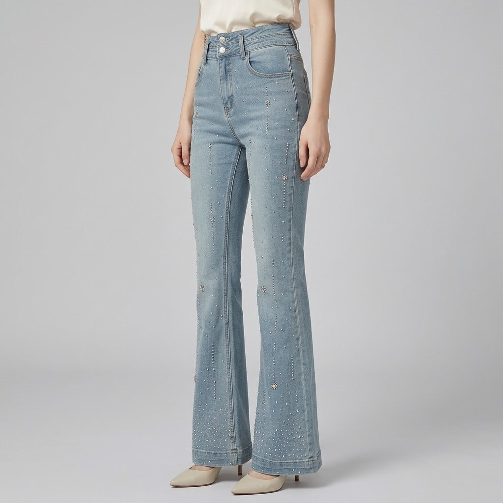 High-Waist Rhinestone-Embellished Slim Flare Jeans