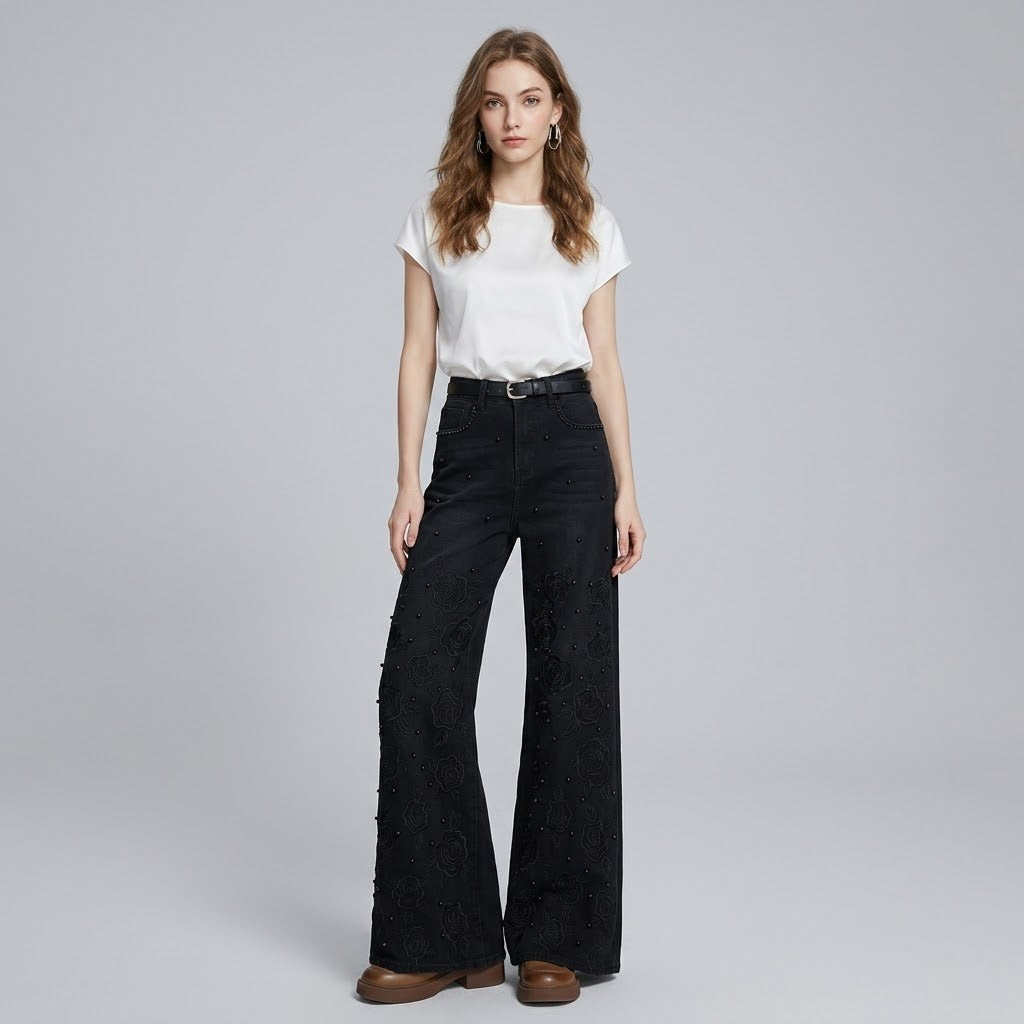 High-Waist Rose-Embroidered Beaded Flare Jeans