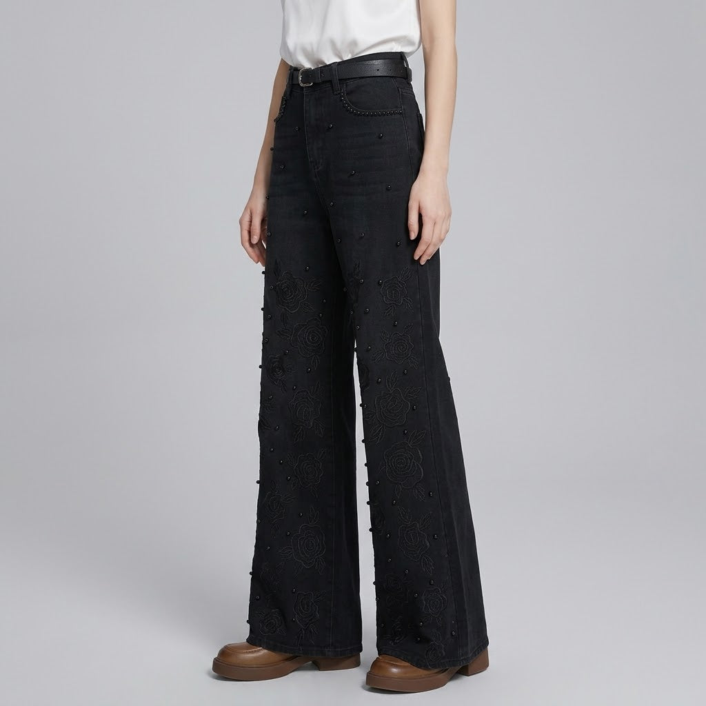 High-Waist Rose-Embroidered Beaded Flare Jeans