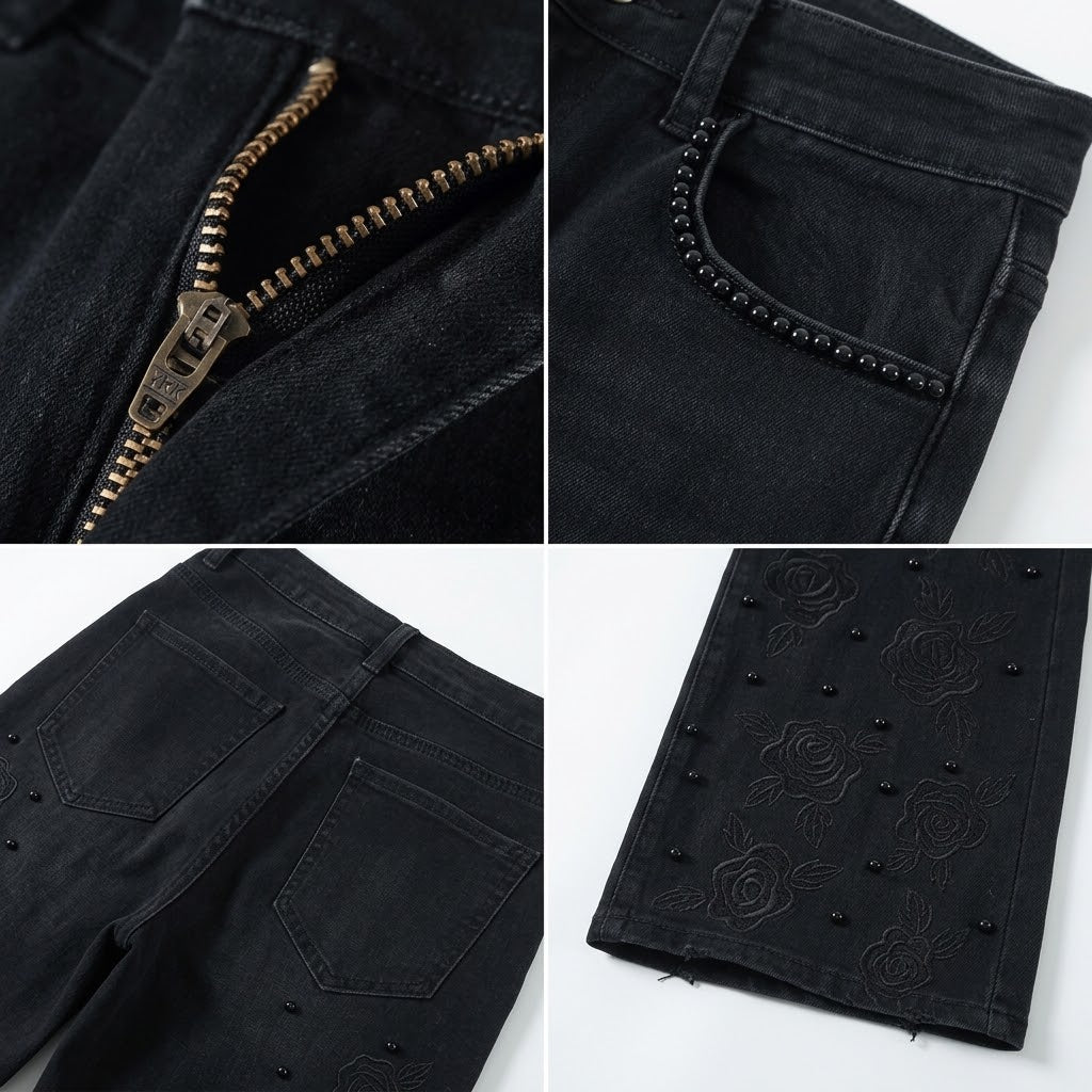 High-Waist Rose-Embroidered Beaded Flare Jeans