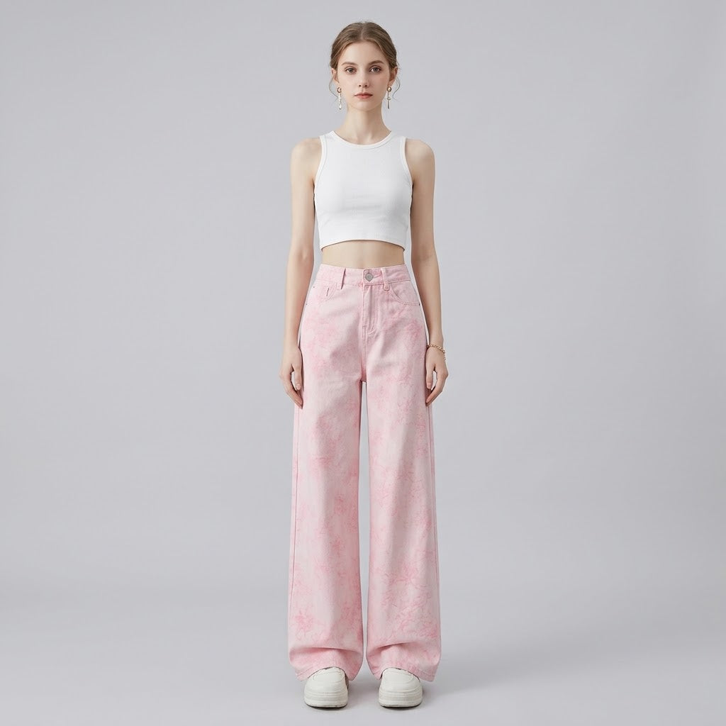High-Waist 3D Floral Embroidered Asymmetrical Wide-Leg Jeans