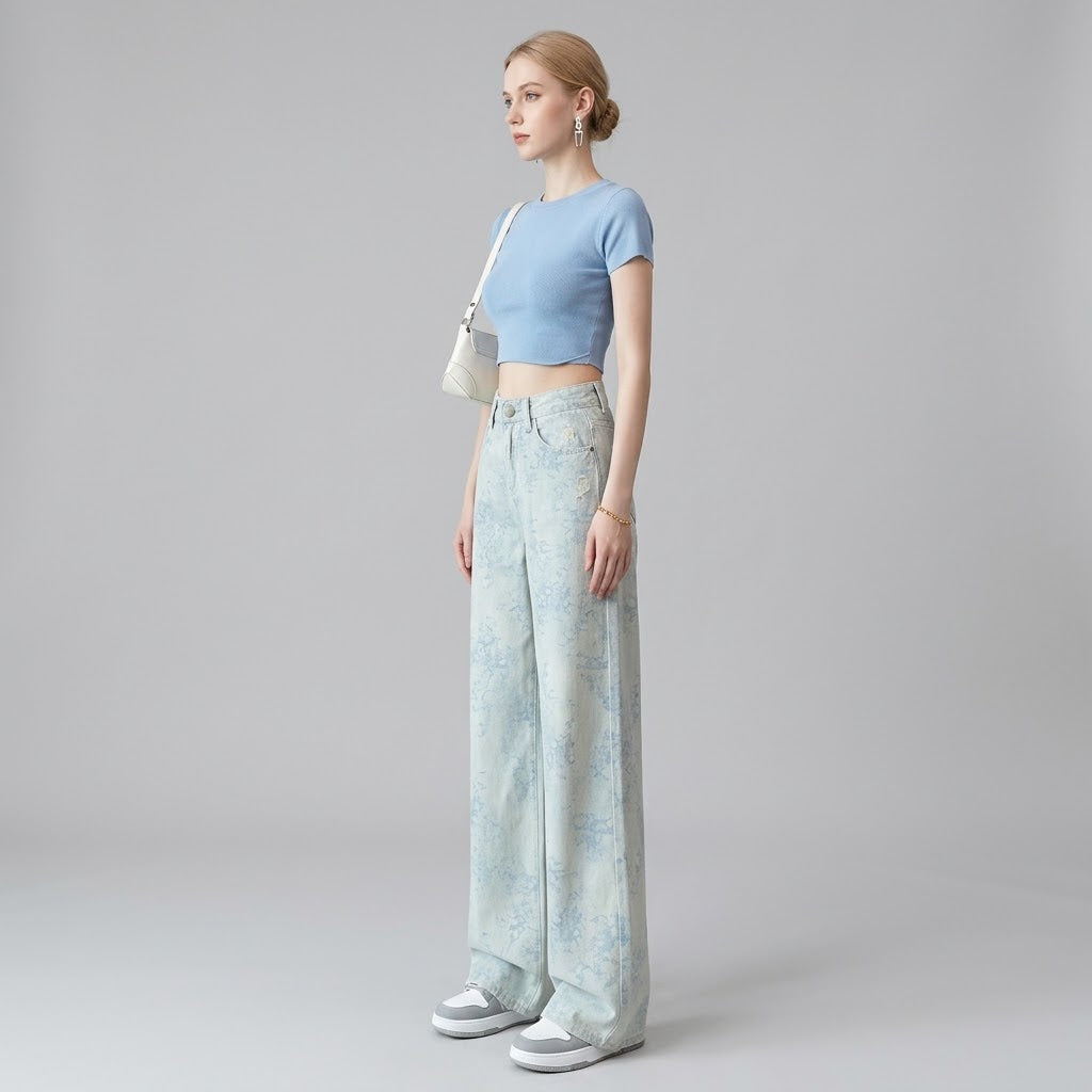 High-Waist 3D Floral Embroidered Asymmetrical Wide-Leg Jeans