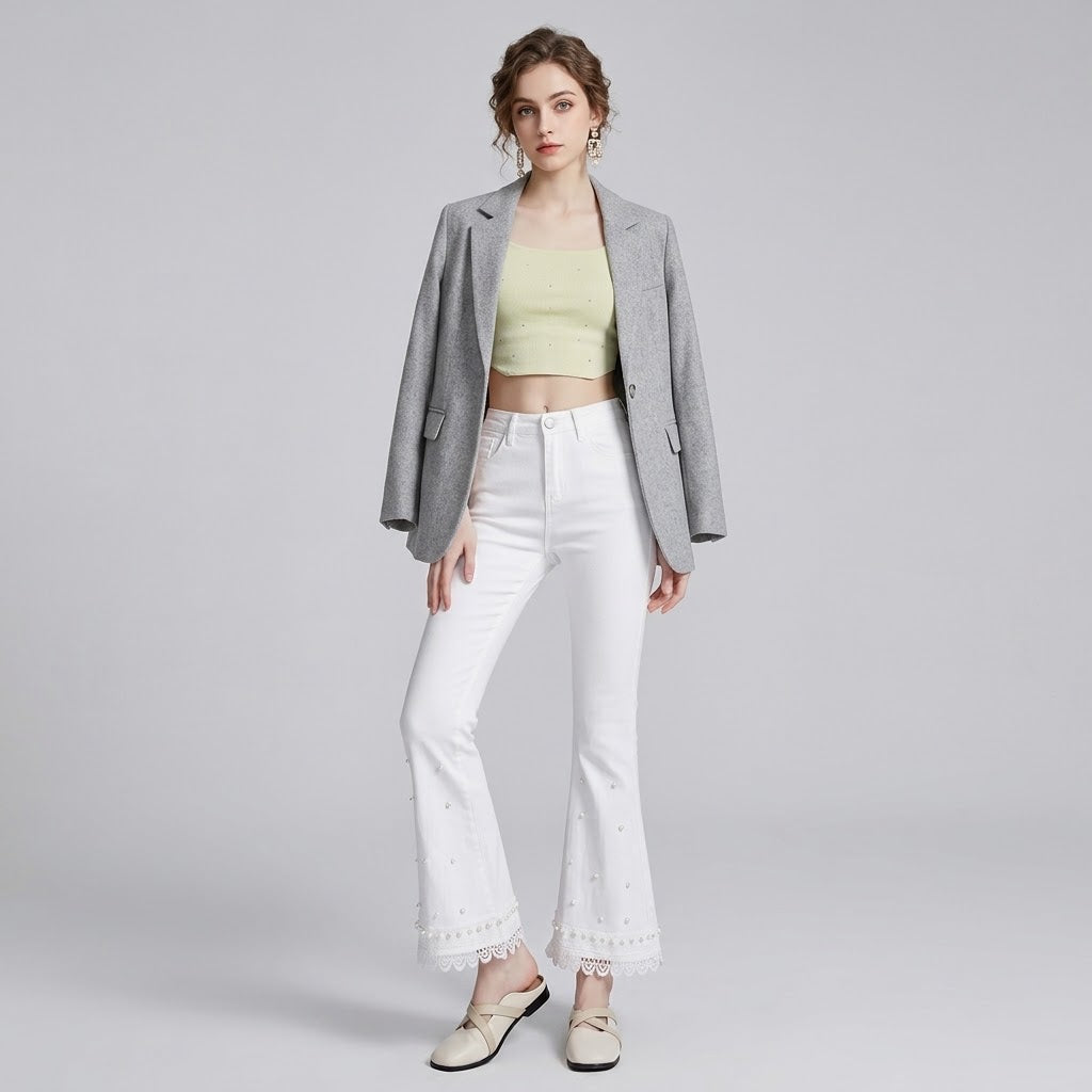 Pearl-Beaded Lace-Trim Cropped Flare Jeans