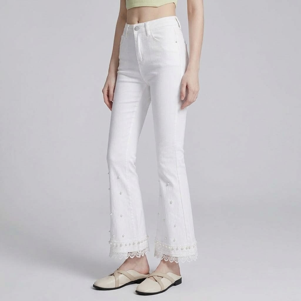 Pearl-Beaded Lace-Trim Cropped Flare Jeans