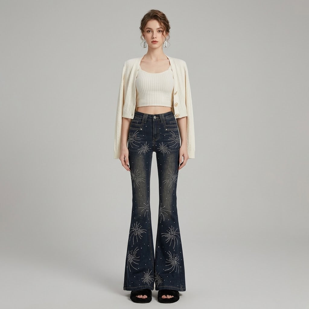 Floral Rhinestone-Embellished Slim Flare Jeans