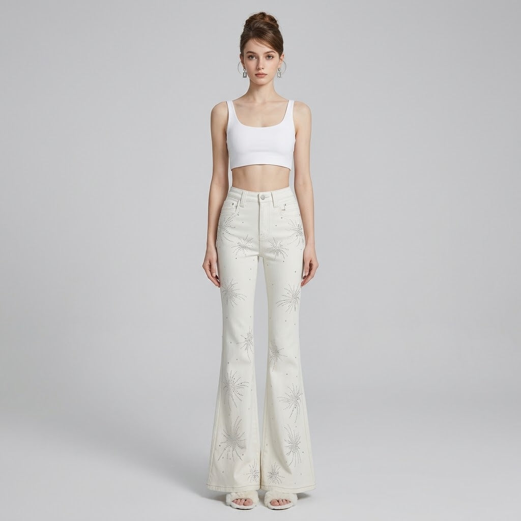 Floral Rhinestone-Embellished Slim Flare Jeans