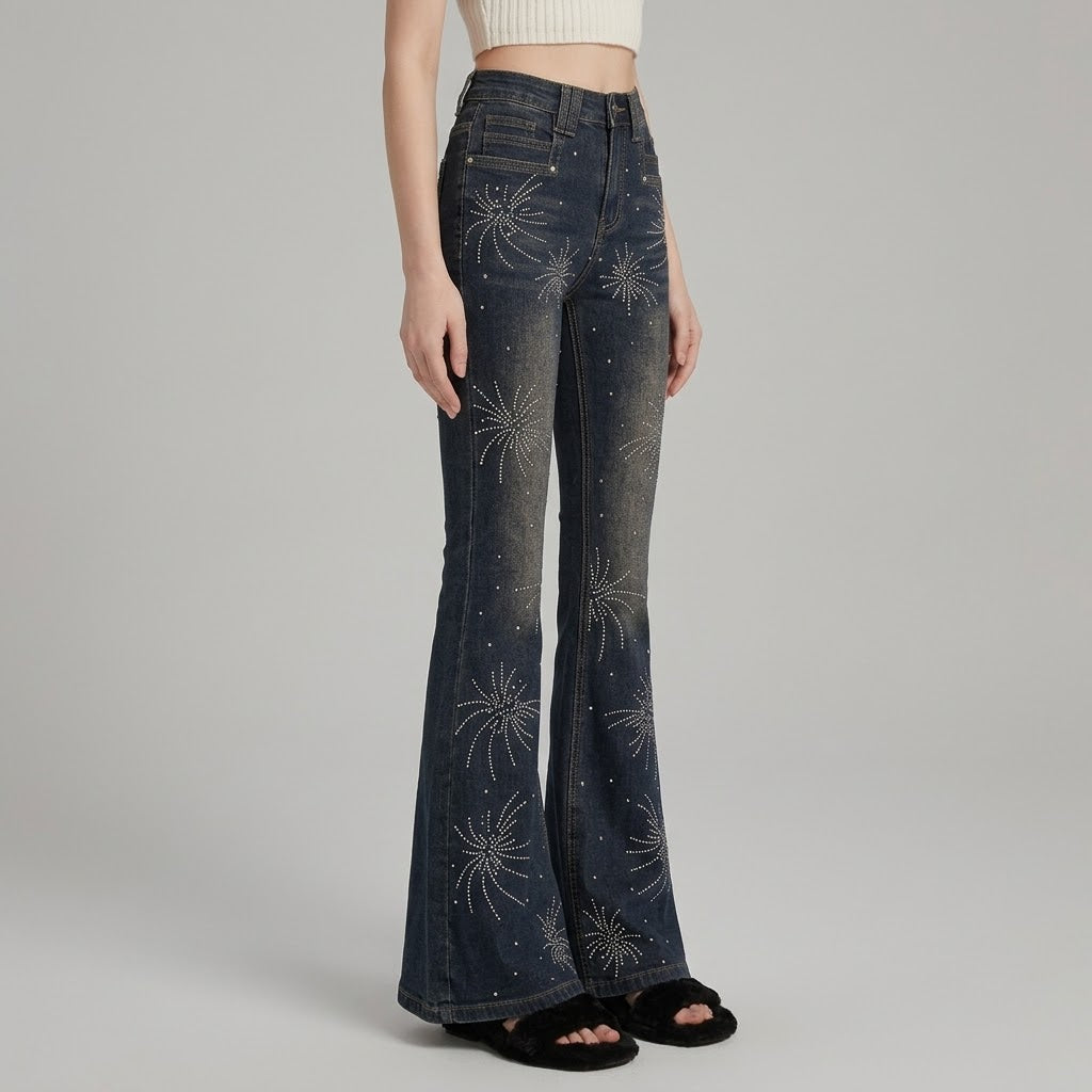 Floral Rhinestone-Embellished Slim Flare Jeans