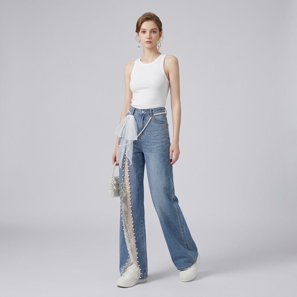 Pearl-Embellished Lace-Spliced Straight-Leg Relaxed Jeans