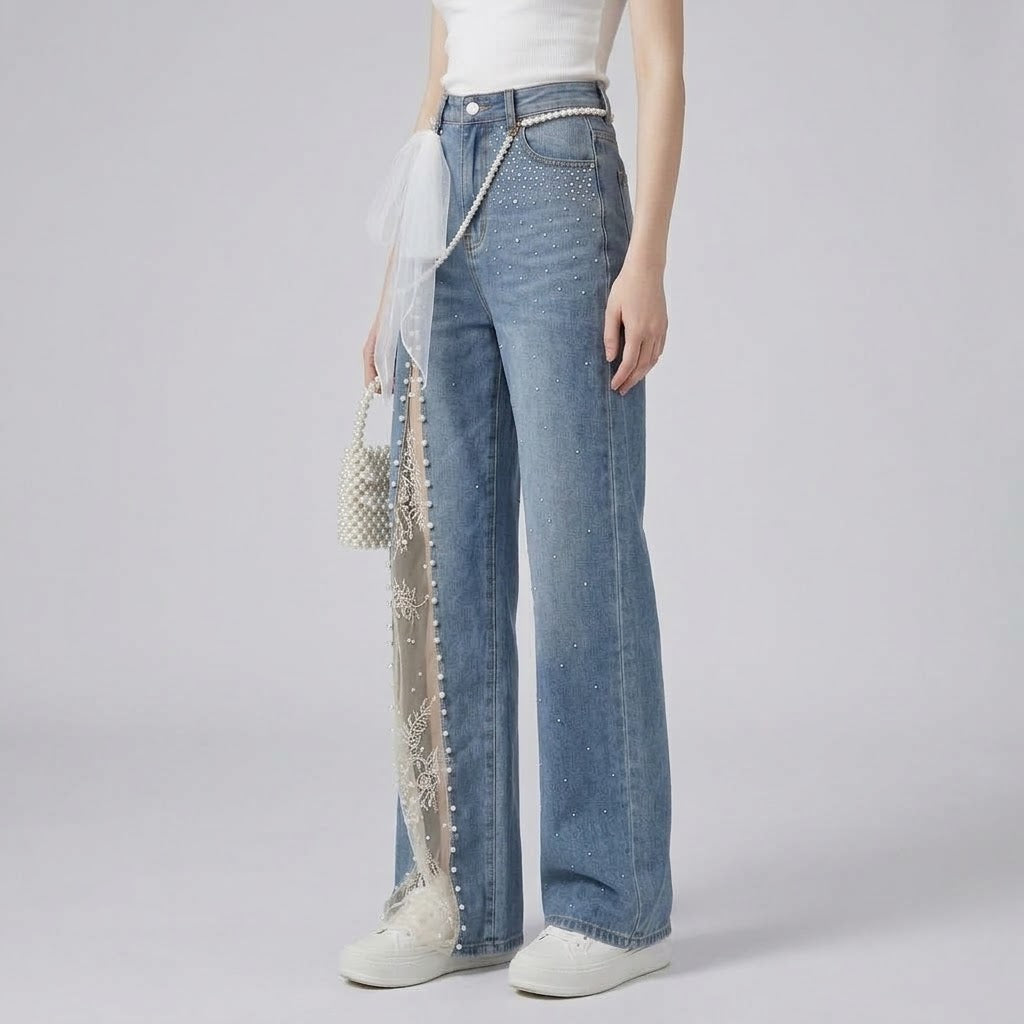Pearl-Embellished Lace-Spliced Straight-Leg Relaxed Jeans